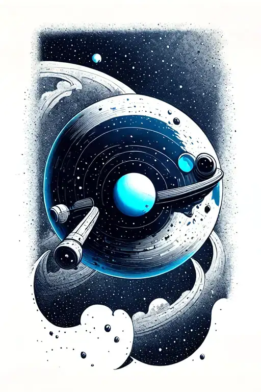 Voyager 2 space craft angled as if ascending through space, pale blue dot floating away tattoo design idea