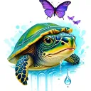 green turtle with small tear coming out of eye and small purple butterfly drinking the tear tattoo design idea