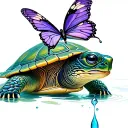 green turtle with small tear coming out of eye and small purple butterfly drinking the tear tattoo design idea