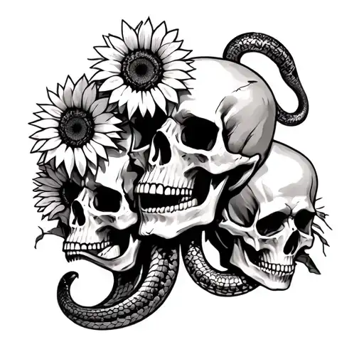 3 skulls with sunflowers and snake coming out of the mouth and coming up through skull above it and skull above that one tattoo design idea