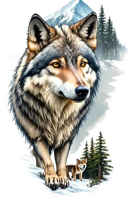 wolf  and woods and mountains, add another wolf who is smaller and not so good looking tattoo design idea