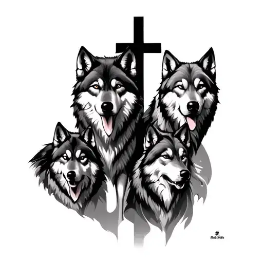 cross with 4 male wolves and 2 female wolves tattoo design idea