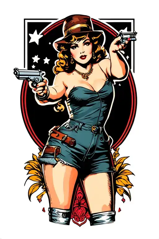 traditional pin up girl standing up shooting pistol with bith arms tattoo design idea