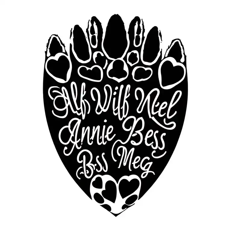 "Alf Wilf Nell Annie Bess Meg " 3 cat pawprints and 3 dog pawprints with little love hearts tattoo design idea