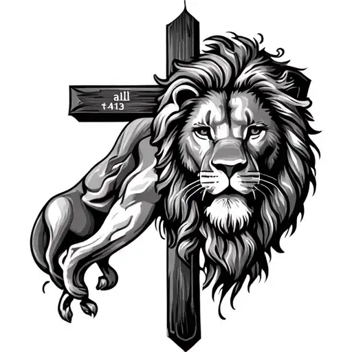 Forearm tattoo that has a lion and cross and maybe Jesus too with a bible scripture phillipians 4:13: I can do all thing tattoo design idea