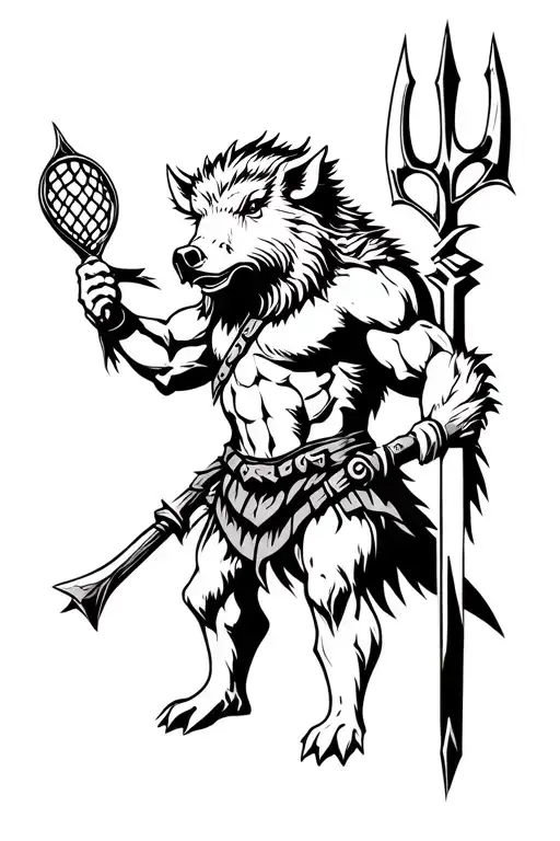 antropomorphic gladiator boar wearing pict attributes (trident and net) tattoo design idea
