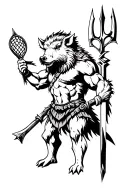 antropomorphic gladiator boar wearing pict attributes (trident and net) tattoo design idea