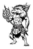 antropomorphic gladiator boar wearing pict attributes (trident and net) tattoo design idea