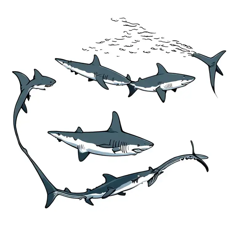 Sharks swimming underwater with other ocean animals  tattoo design idea
