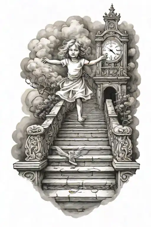a little girl going up the stairs of heaven and god on top tattoo design idea
