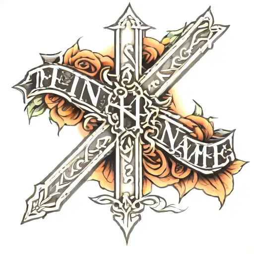 fine line cross tattoo that says "in His name" in the line of the cross tattoo design idea
