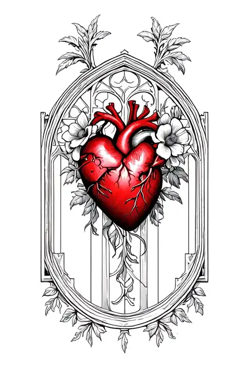  central gothic heart or sacred heart encased in cathedral-like detailing, with flowers  tattoo design idea