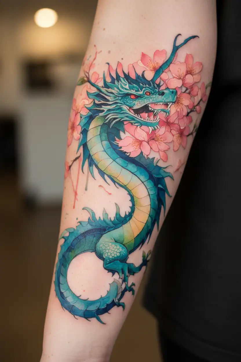 cherry-blossom with dragon wrapped tattoo design idea