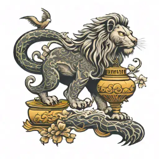 Lion and a lamp and a snake and a dove all chillin together  tattoo design idea