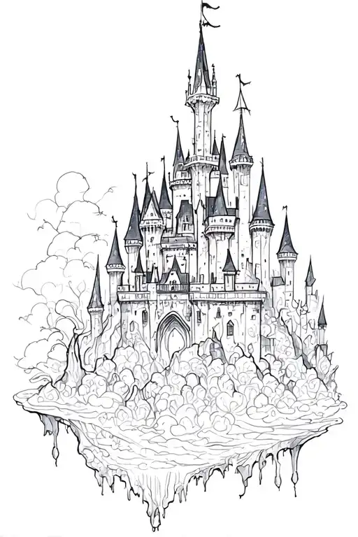 dark disney haunted castle floating tattoo design idea