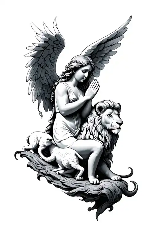 Praying angel with lion and lamb tattoo design idea