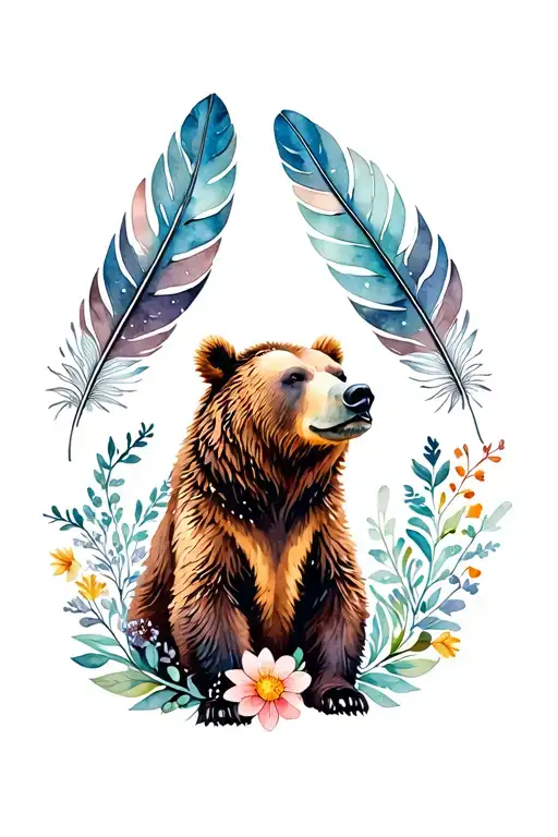 grizzly bear with feathers and flowers intertwined tattoo design idea