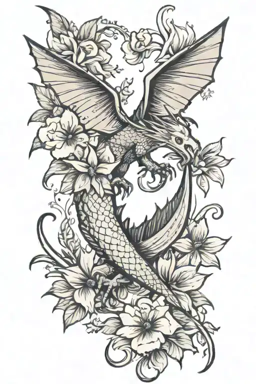 wyvern surrounded by vivid flowers with 13 stars and books tattoo design idea