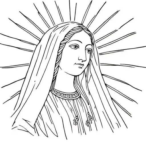 lady of Guadalupe long hair wearing veil sun rays around head looking slightly down to one side.  tattoo design idea