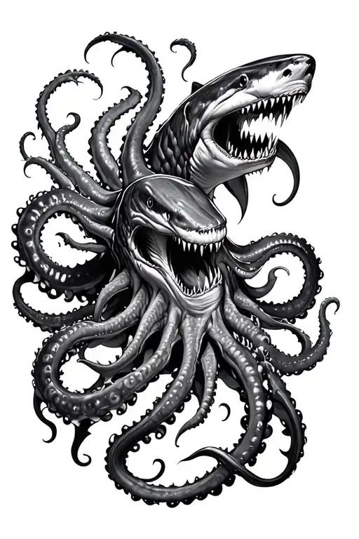 Kraken emerging from the depths surrounded by sharks tattoo design idea