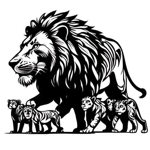 male and female lion walking with 3 cubs  tattoo design idea