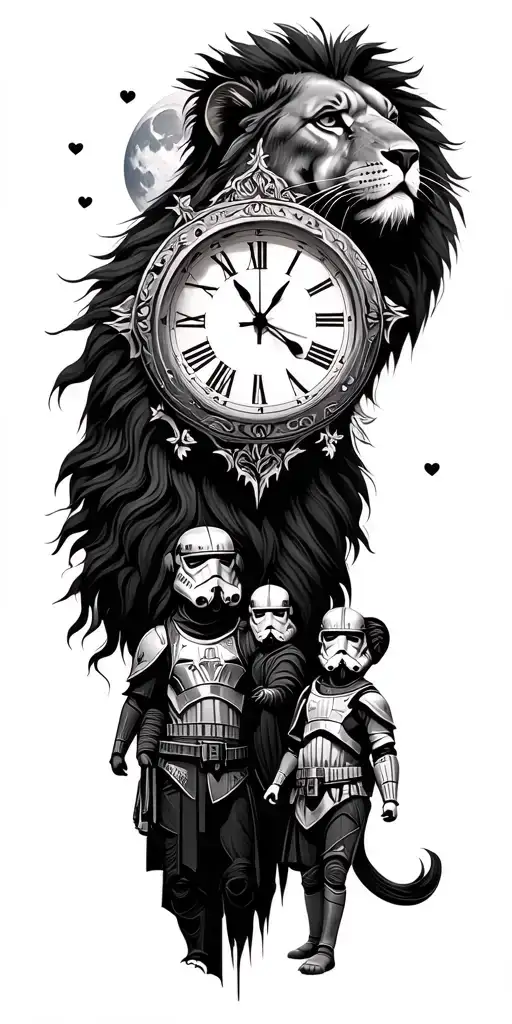 Lion gladiator stormtrooper warrior nature moon clock love family  tattoo design idea