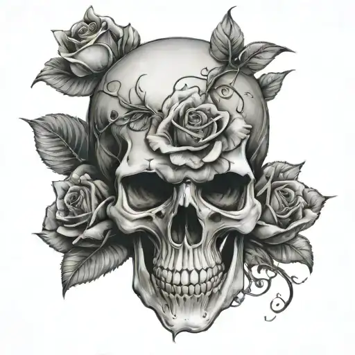 realistic skull and roses  tattoo design idea