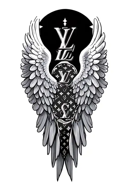Louis Vuitton pattern incorporated into an angel wing design tattoo design idea