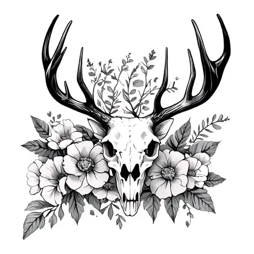 buck deer skull with flowers intertwined tattoo design idea