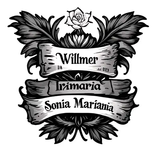"Wilmer Irismaria Sonia Mariana" Parchment around the leg that says the name and date tattoo design idea