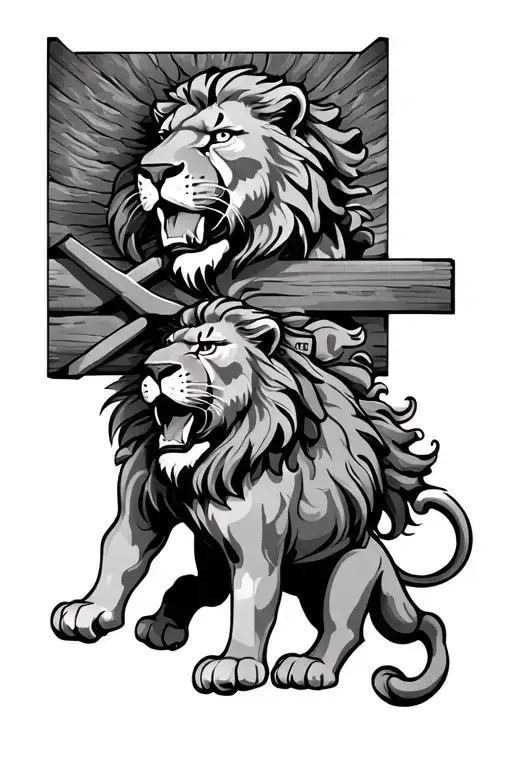 two lions with a cross tattoo tattoo design idea