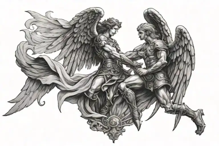 archangel Michael locked in battle with lucifer tattoo design idea