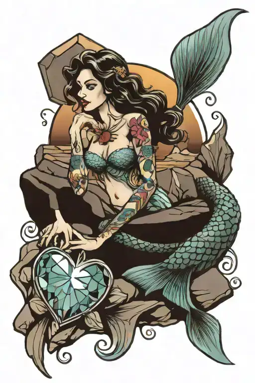 mermaid holding crystal heart sitting on rock with sunrise behind tattoo design idea