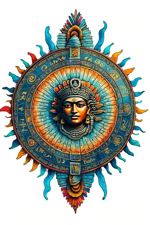 realistic Mayan calendar as the sun  tattoo design idea
