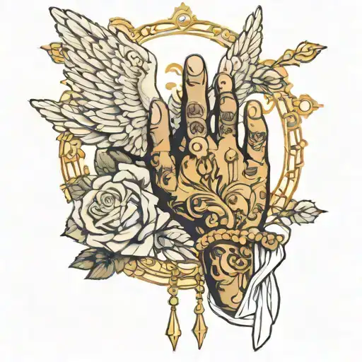 hand pray with a gold rosary, gold roses, a gold angel halo, and a scroll  tattoo design idea
