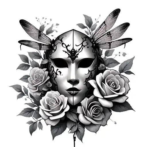 broken gothic mask, dragonfly, roses and cherry blossoms  tattoo design idea
