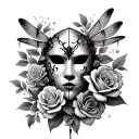 broken gothic mask, dragonfly, roses and cherry blossoms  tattoo design idea