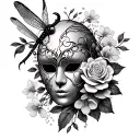 broken gothic mask, dragonfly, roses and cherry blossoms  tattoo design idea