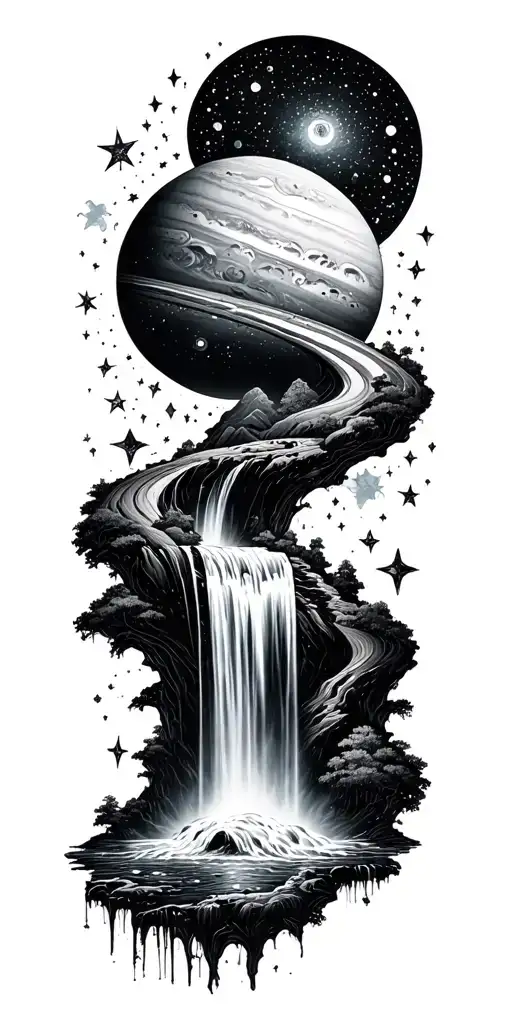 a waterfall of stars and planets tattoo design idea