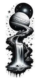 a waterfall of stars and planets tattoo design idea