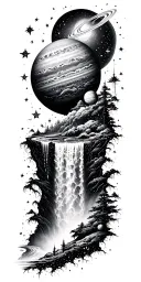 a waterfall of stars and planets tattoo design idea