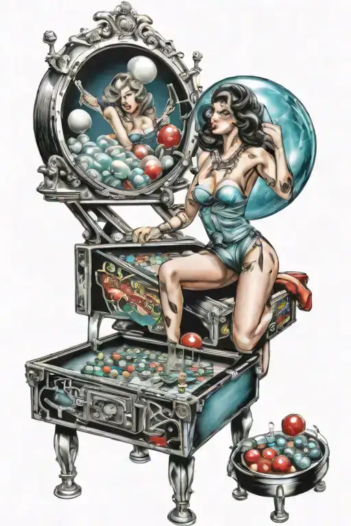 pinup girl playing pinball tattoo design idea