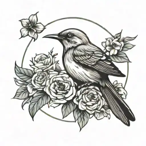 Flying nightingale, enclosed in a circle and 2 leaves with flowers coming out of the circle tattoo design idea