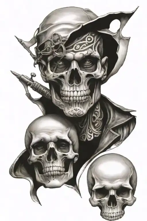 split personality two faces and a skull tattoo design idea