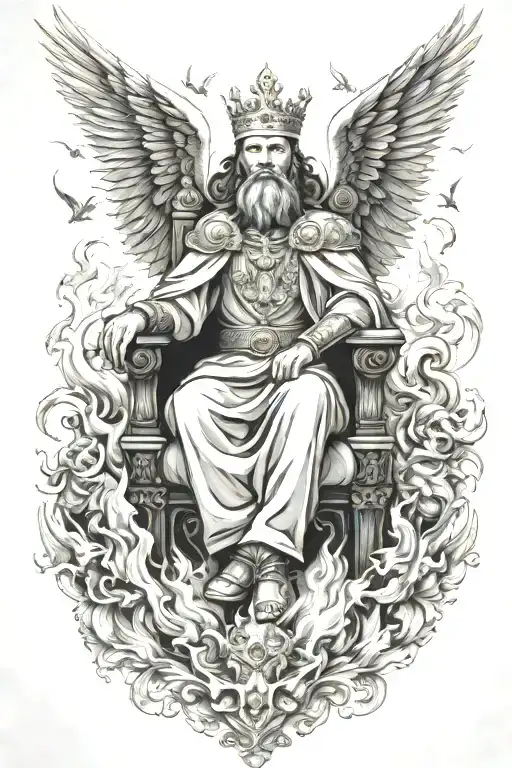 king of kings sitting on throne of cloud and fire surrounded by flying angels in black tattoo design idea