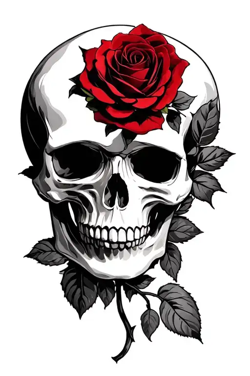skull and dark red roses tattoo design idea