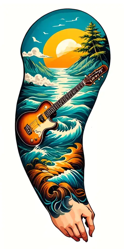 music and travel and adventure arm sleeve tattoo design idea