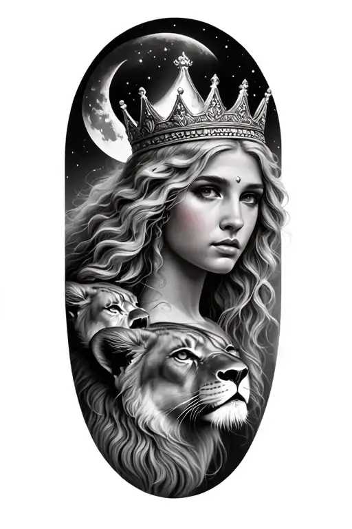 black & grey realism- beautiful greek goddess with light color hair, wearing crown, 2 baby lions and moon tattoo design idea