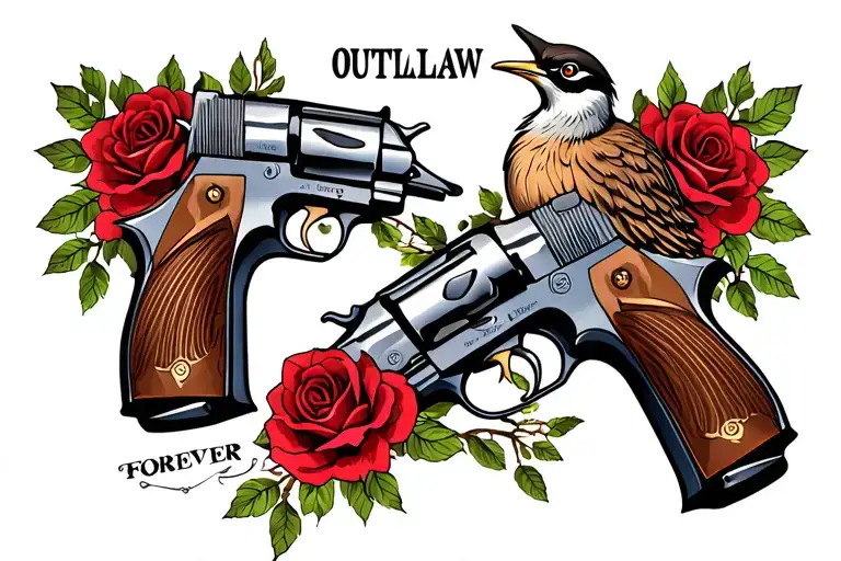 "Outlaw Forever" 2 pistols crossing each other with red roses and a roadrunner tattoo design idea