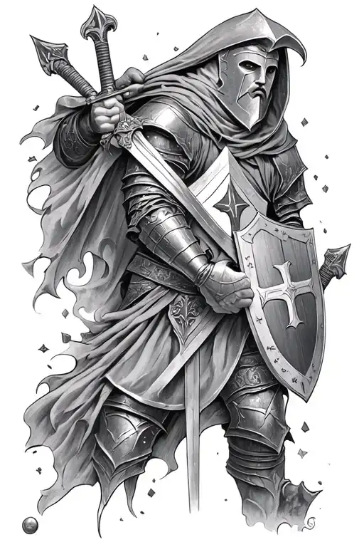 knights templar knight holding sword and shield tattoo design idea